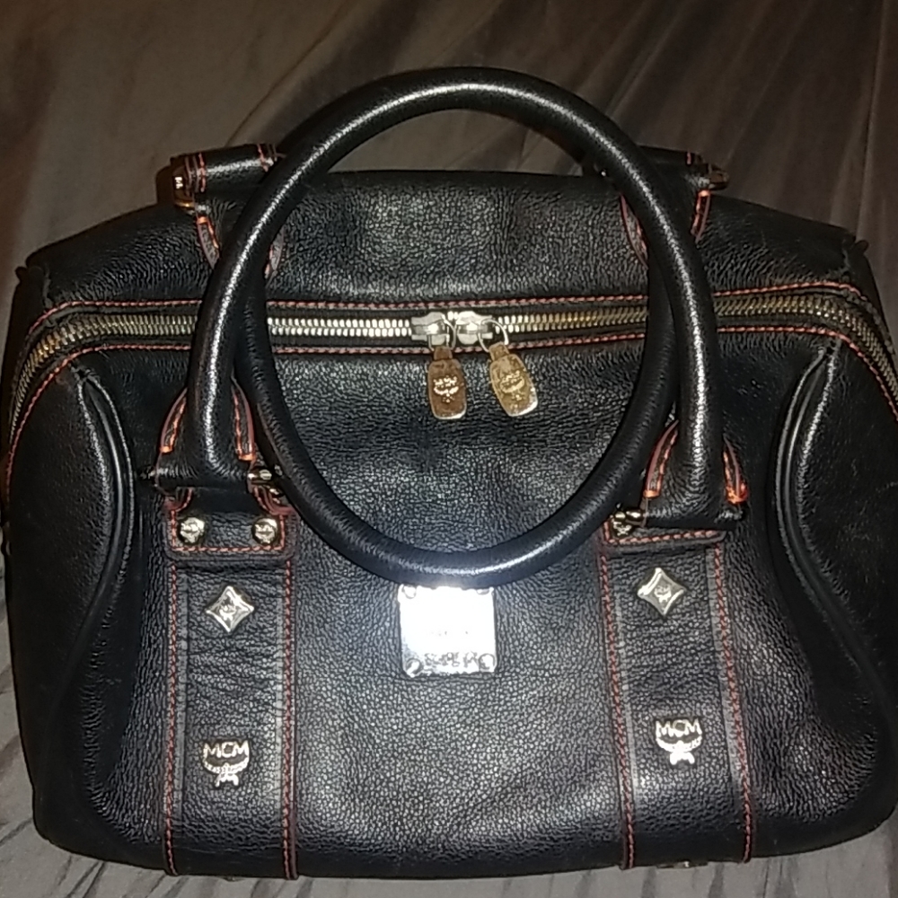 MCM Leather Boston logo stud satchel.